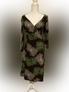 BCBGMaxAzria Brown Long Sleeve Wrap Dress with Green and Cream Floral Motif